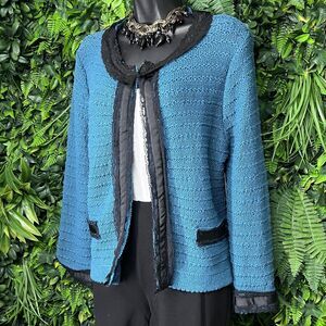 Y2K BANDOLINO Sweater Women Medium‎ Teal Blue Knit Cardigan Ribbon Lace 2076